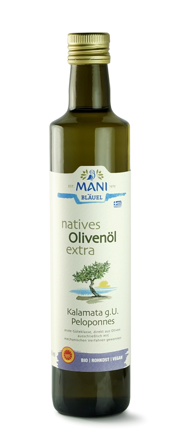 12102_mani_olivenoel_kalamata_nativ_extra_bio_500ml MANI Bläuel natives Olivenöl extra, Kalamata g.U. bio, 0,5 l