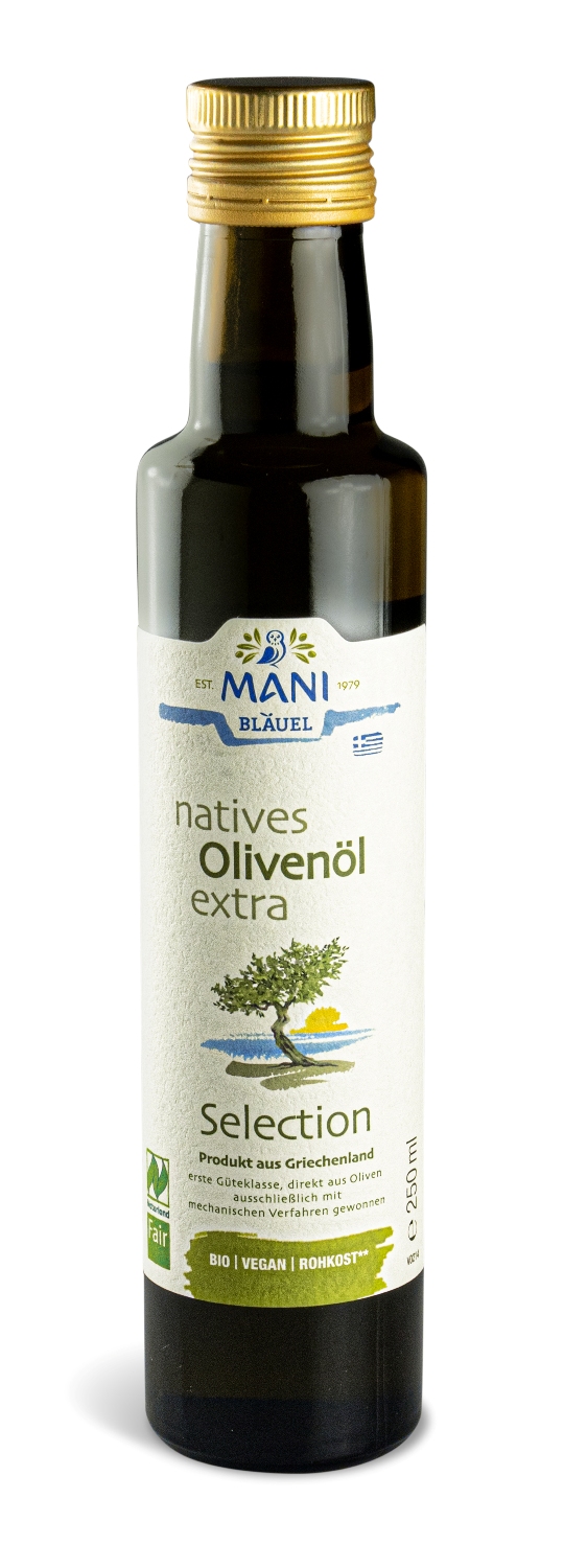 12104_bio_olivenoel_mani_selection_nativ_extra_250ml MANI Bläuel natives Olivenöl extra, Selection, bio, NL Fair, 0,25 l Flasche