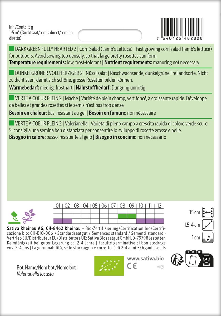 Feldsalat, Ackersalat,  'Dunkelgrüner Vollherziger' Biosaatgut