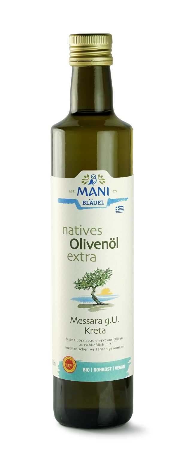 12103_mani_olivenoel_bio_nativ_extra_kreta_500ml MANI Bläuel natives Olivenöl extra, Messara g.U. Kreta, bio, 0,5 l