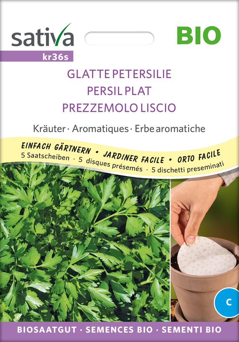 kr36s_glatte_petersilie_bio_samen_saatscheiben Glatte Petersilie, Biosaatgut