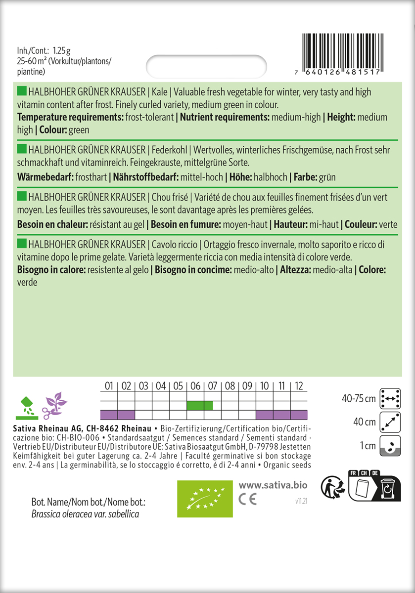 Grünkohl 'Halbhoher Grüner Krauser', Federkohl Biosaatgut