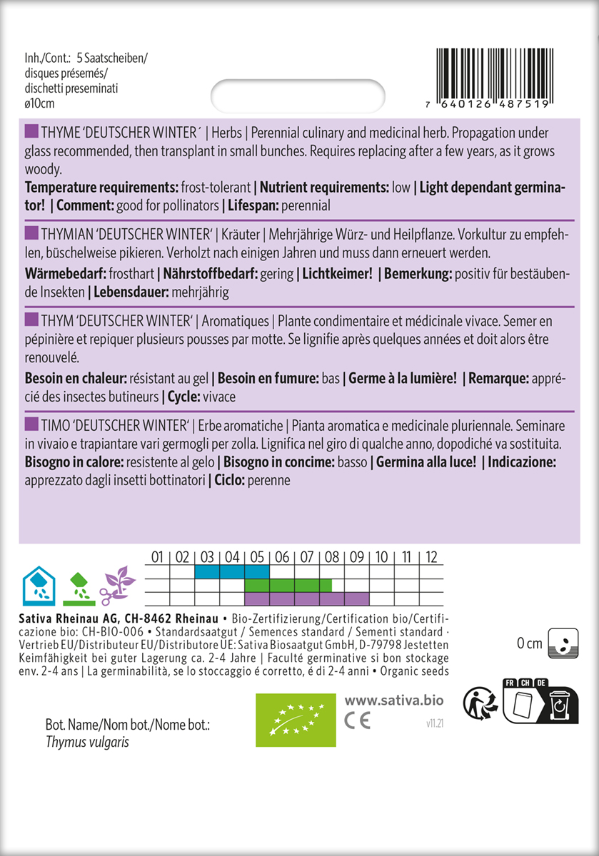 Thymian Deutscher Winter Biosaatgut / 5 Saatscheiben